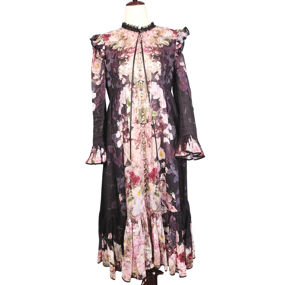 Zimmermann Floral Maxi Dress Women SZ 3 US 10 Black Pink Linen‎ Ruffle Lace Boho